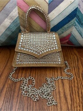 Crystal Rhinestone Mini Top Handle Crossbody Evening Bag Gold Glam Purse